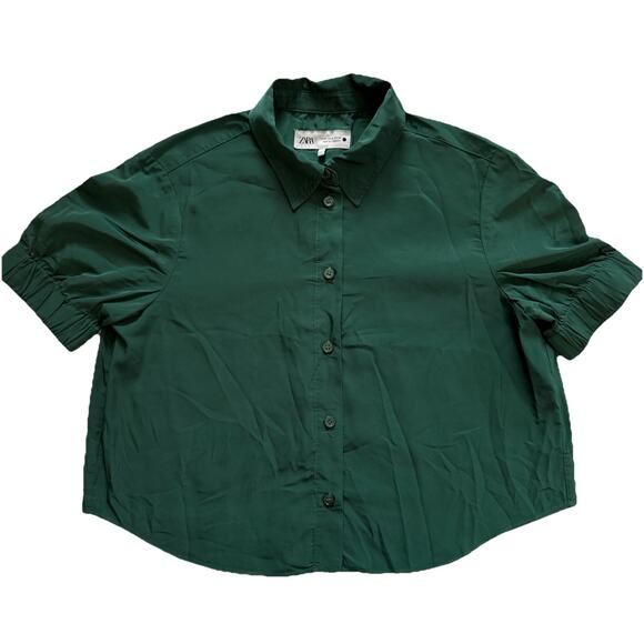 Zara ZW Collection Button Down Shirt Size Medium Puff Sleeve Crop Emerald Green - Picture 1 of 5